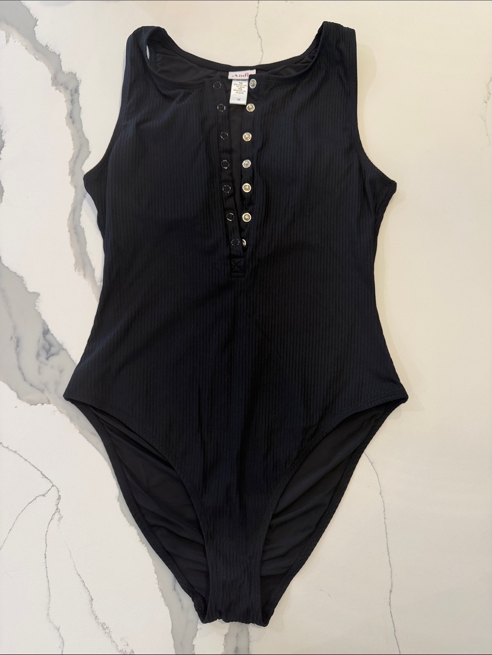 Andie Ribbed Black One-Piece Suit with Henley Buttons